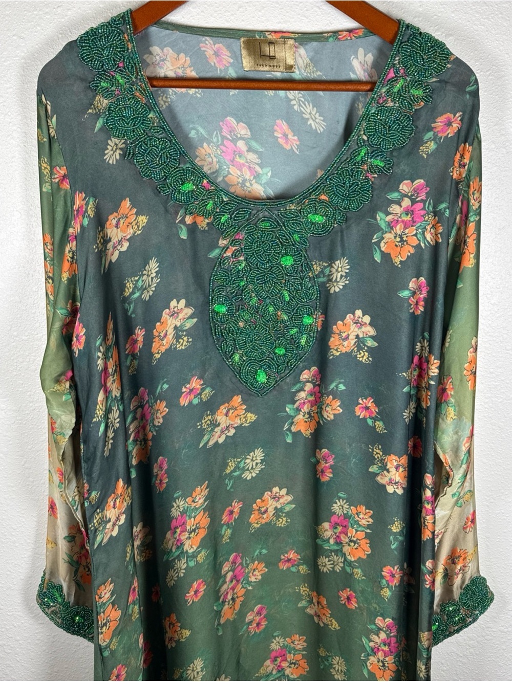 Floral Beaded Kaftan Green Orange Pink Long Sleeve Flowy L Semi Sheer Glam - Picture 2 of 8